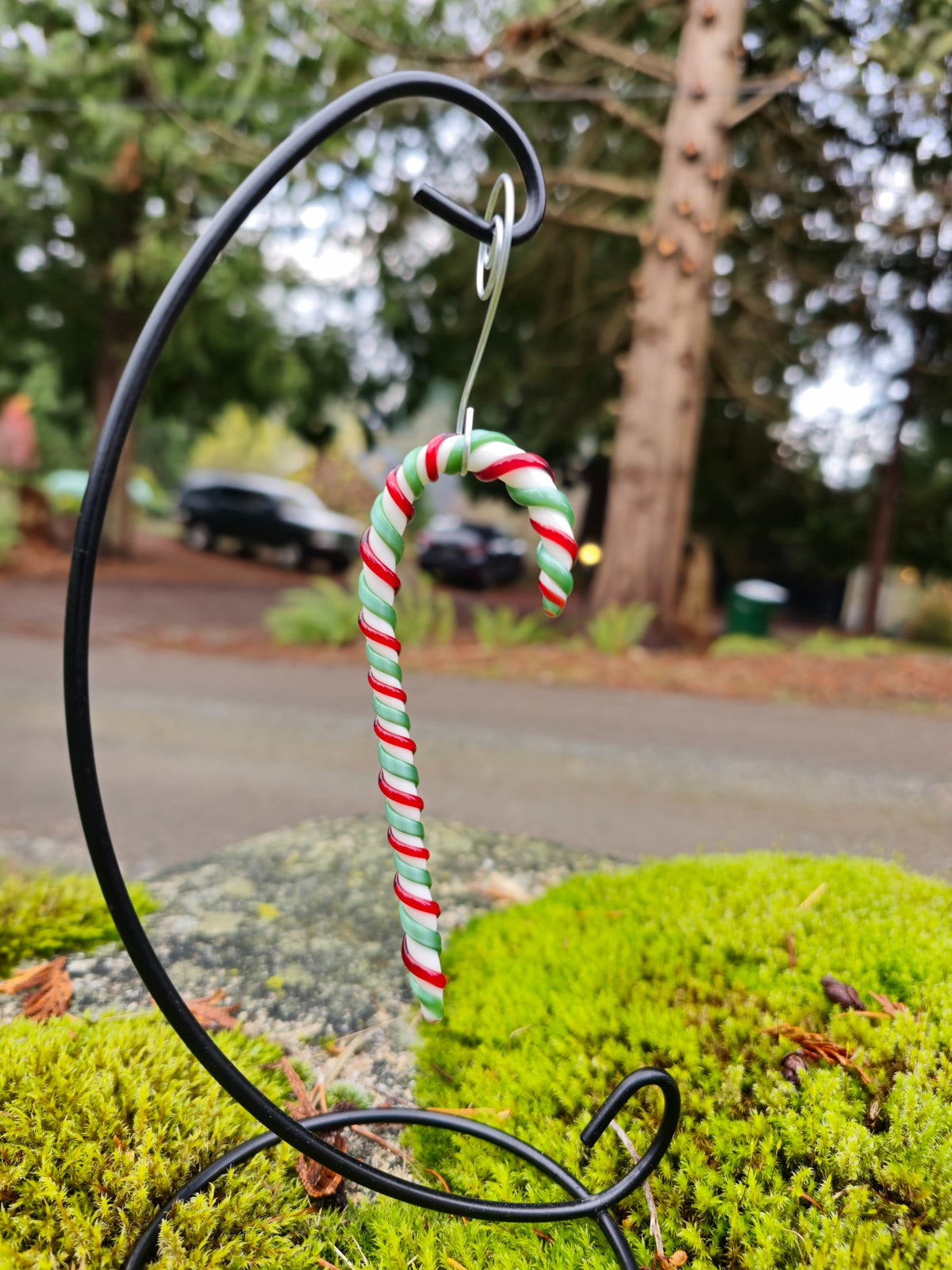 Handmade red green and white glass candy cane ornament