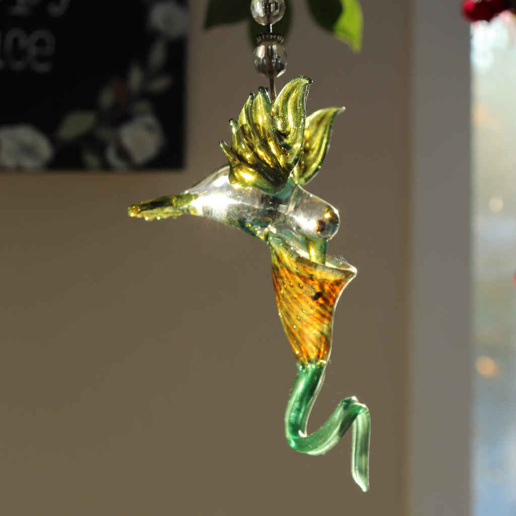 Hummingbird and Flower Sun-Catcher Ornament Hummingbird Decorations Suncatcher for Window Hanging Glass Figurine Bird