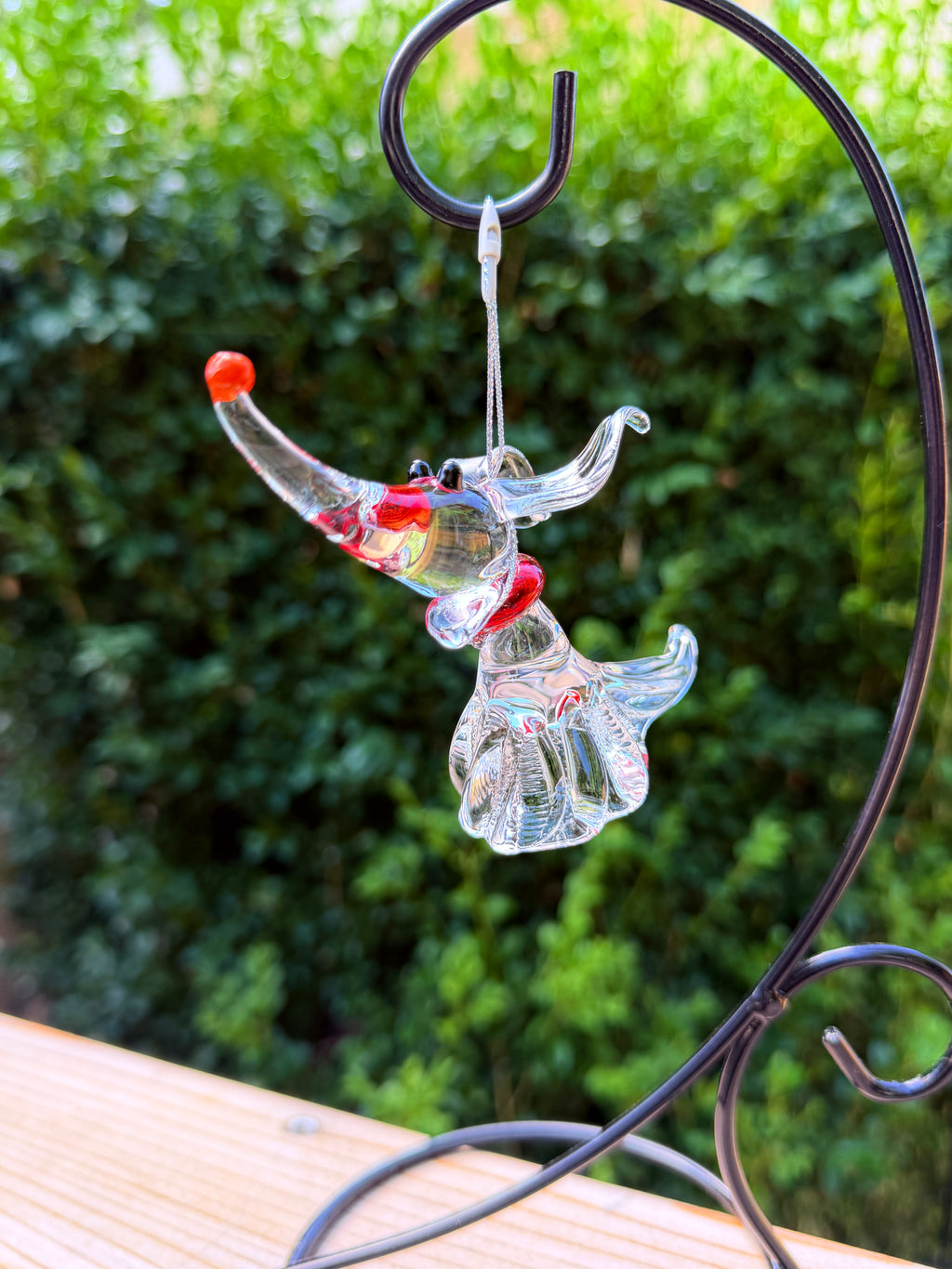 Clear glass Ghost Dog ornament hanging, front view